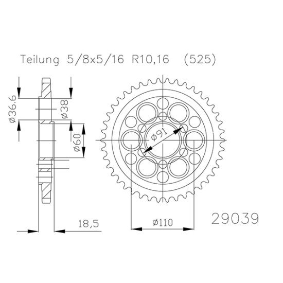 Couronne Acier - 525 - 39 Dents - Made in Germany