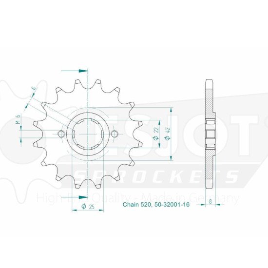 Pignon TT Honda - 520 - 16 Dents - Made in Germany