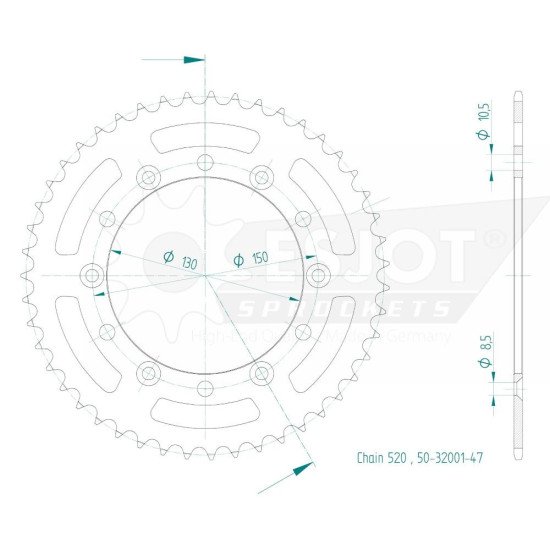 Couronne Acier TT Honda-Yamaha - 520 - 47 Dents - Made in Germany