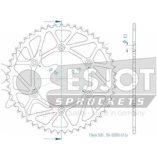 Couronne Acier TT Ultralight Yamaha - 520 - 51 Dents - Similaire JTR24