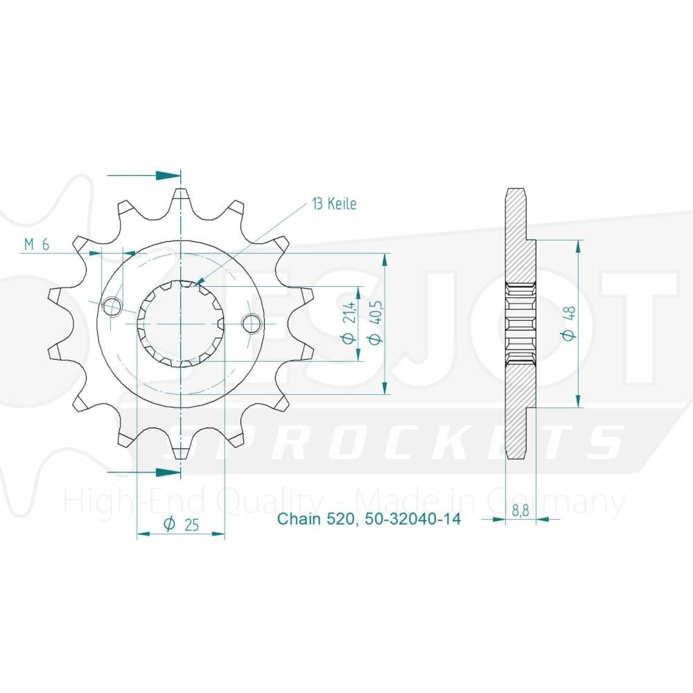 Pignon TT Honda - 520 - 14 Dents - Similaire JTF309 - Made in Germany