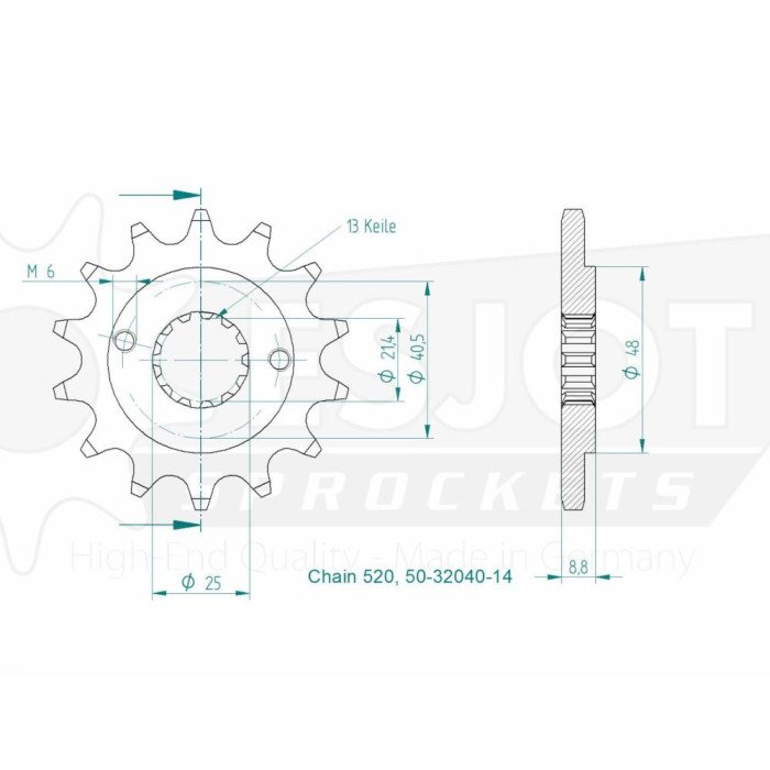 Pignon TT Honda - 520 - 14 Dents - Similaire JTF309 - Made in Germany