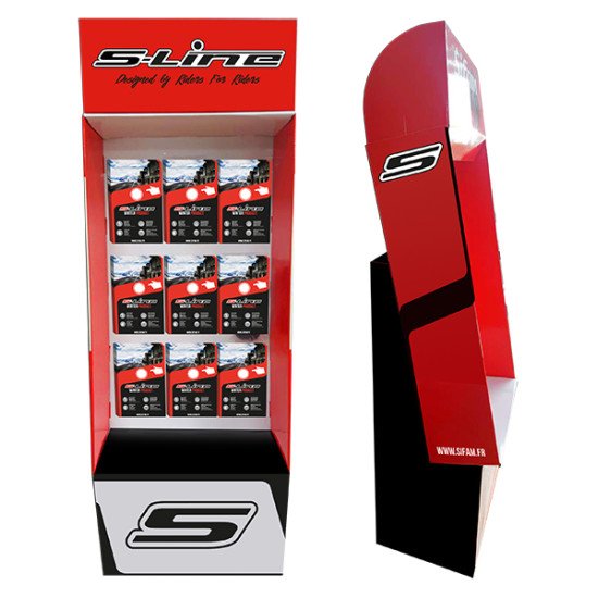 Présentoir en carton avec 9 crochets metal S-LINE: Hauteur 2m Largeur