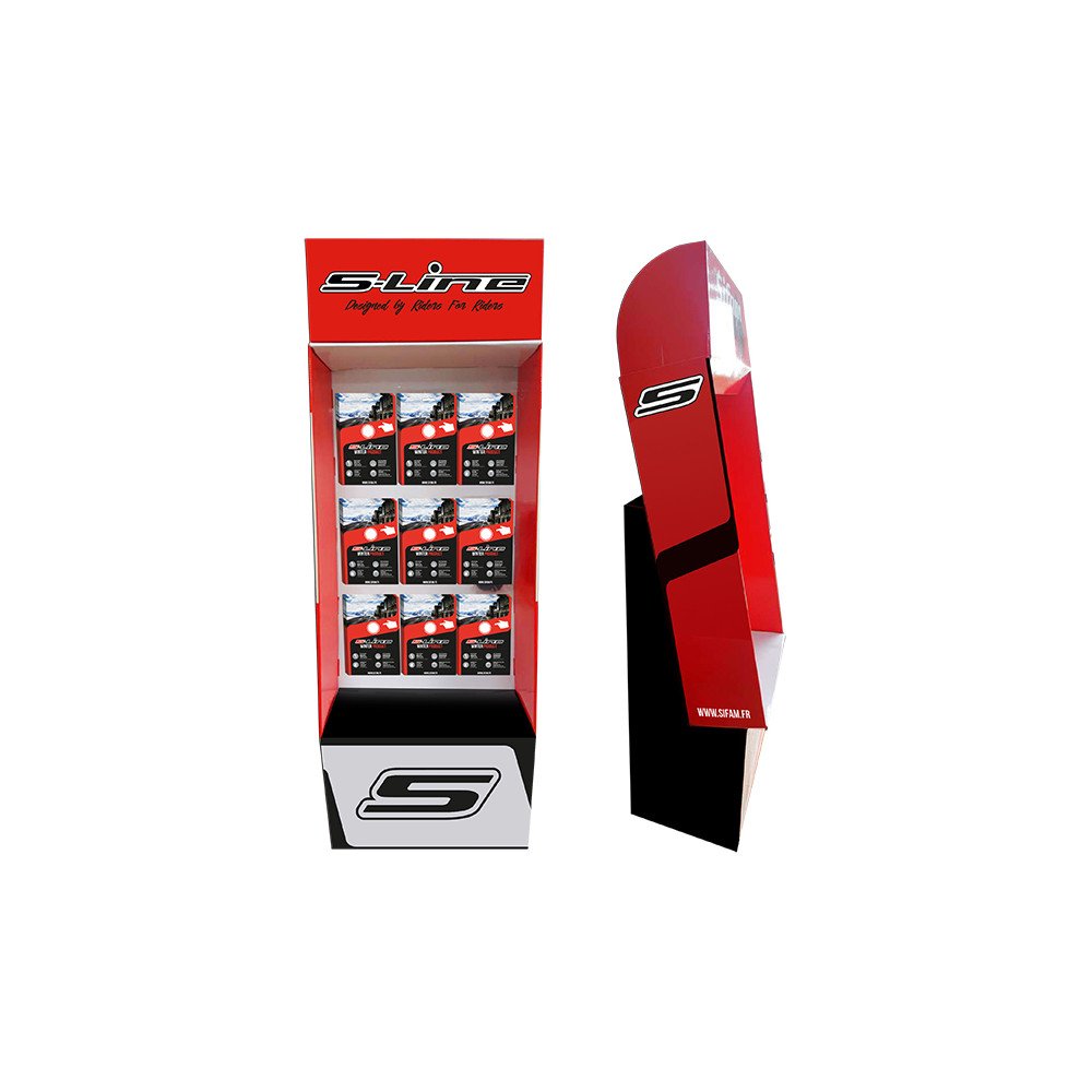 Présentoir en carton avec 9 crochets metal S-LINE: Hauteur 2m Largeur